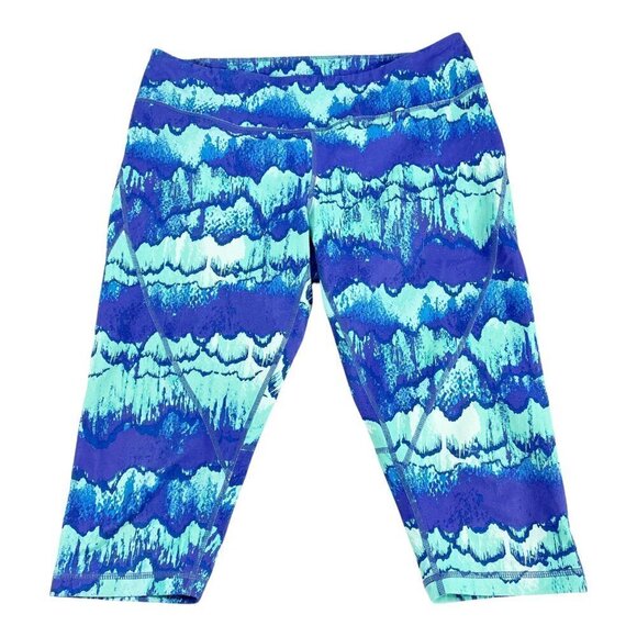 Zella Aqua Blue Print Cropped Leggings Sz L Stretch High Rise - Picture 1 of 5